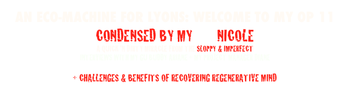 an eco-machine for Lyons: Welcome to my OP 11
condensed by my elf Nicole
a quick ‘n dirty miracle from the sloppy & imperfect
interviewS with my GU buddy Ariane + my project manager Diane

+ challenges & benefits of recovering regenerative mind